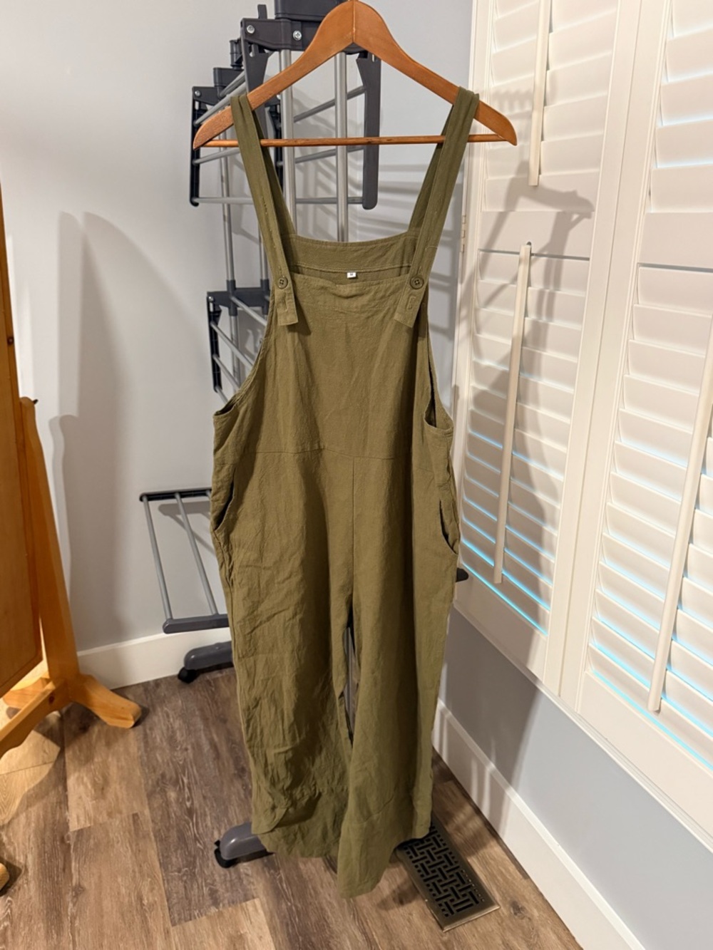 Olive Green Linen-Blend Overalls
